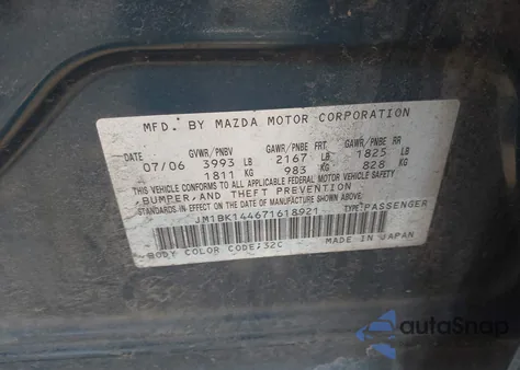 2007 Mazda Mazda3 S Sport from USA, damaged, VIN JM1BK144671618921